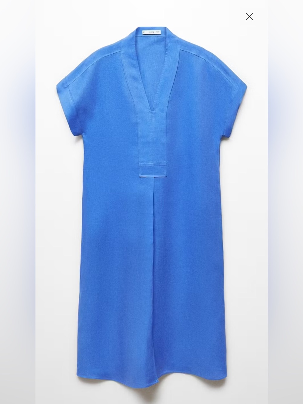Mango V-Neck Short Sleeve Linen Dress in Bright Blue